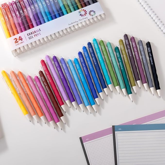 ParKoo Erasable Gel Pens, 24 Colors Retractable Erasable Colored Pens Fine Point 0.7mm, Make Mistakes Disappear, Assorted Color Inks for Drawing Coloring Writing Planner