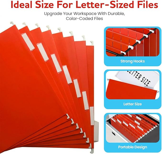 Red Hanging File Folders – 8 Pack, Letter Size File Organization Folders for Home, Office, School & Filing Cabinets