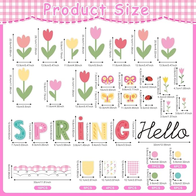 Hello Spring Bulletin Board Decorations Tulip Cutouts Pink Floral Bulletin Board Set Spring Classroom Decor for School Classroom Office Chalkboard Wall Door Window Party Supplies