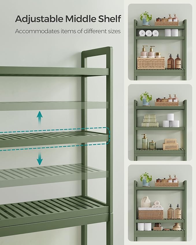 SONGMICS Over The Toilet Storage, 3-Tier Over Toilet Bathroom Organizer with Adjustable Shelf, 10.2 x 24.8 x 66.9 Inches, Space-Saving, Forest Green UBTS001C01