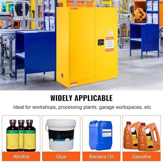 VEVOR Flammable Safety Cabinet 43.1 x 18.1 x 50.1, Cold-Rolled Steel Flammable Liquid Storage Cabinet 34 Gal with 2 Adjustable Shelves/2 Manual Closing Doors for Industrial Use, Yellow