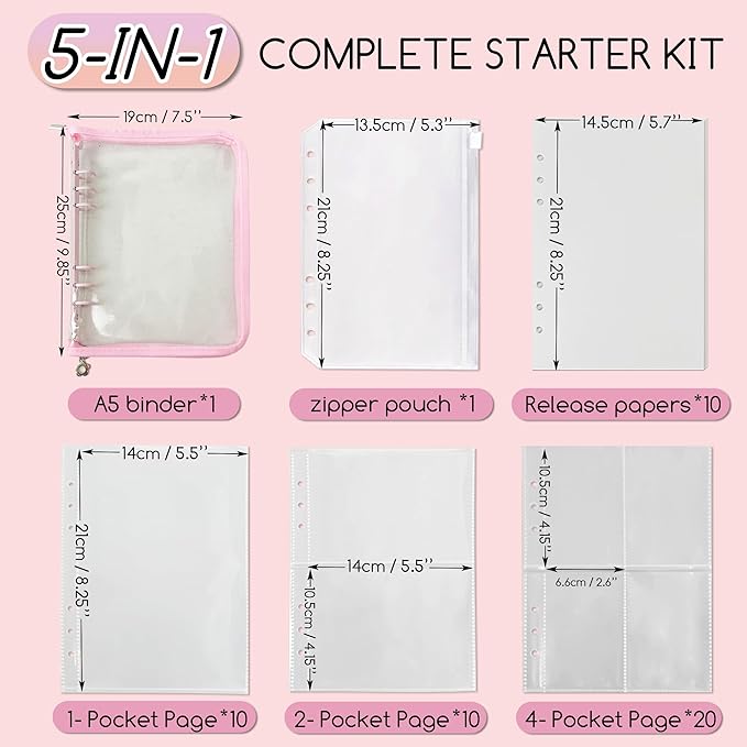 5-in-1 Sticker Organizer Book Reusable A5 Storage Binder with 220 Pockets,10 Release Papers, Zipper Album Sticker Collecting Display Keeper (Pink)