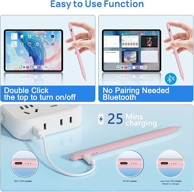 Stylus Pen for Apple iPad A16/11th 2025-2018 iPad Pencil A16/11/10/9/8/7/6,Air 11"/13" M3/M2/5th-3rd,Pro 13"/12.9"/11"/M5/M4,Mini A17 Pro/6/5th Stylus Palm Rejection Tilt Sensitivity Fast Charge-Pink