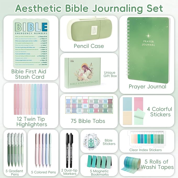 XKDOUS Bible Study Supplies Journaling Kit for Women, Bible Study Kit Journaling Supplies with Prayer Journal, Highlighters, Emergency Card, Pencil Case and More, Christian Gifts for Women, Green