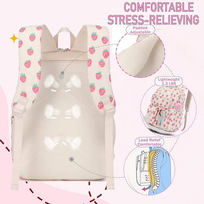 Corduroy Strawberry Backpack for Girls Teens School Bookbag with Lunch Box Pencil Case Laptop Sleeve Elementary Middle School Bag, Straberry-Pink