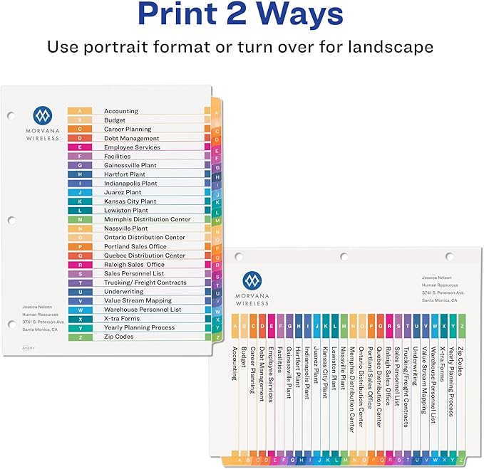 Avery A-Z Dividers for 3 Ring Binders, 26 Tabs per Set, Customizable Table of Contents, Multicolor Tabs, Great for Organizing Reports, Projects, and More (12 Sets of 11125)
