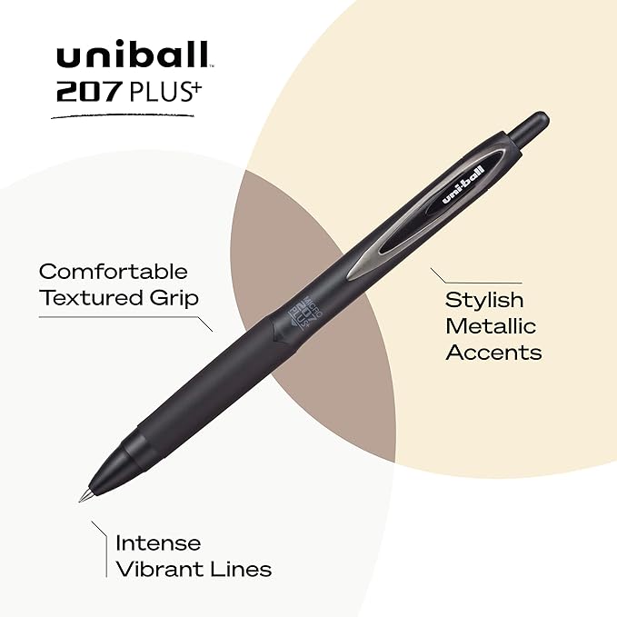 Uni-Ball 207+ Black Retractable Gel Pens 2 Pack with Micro 0.5mm Points, Fraud Proof Office, Nursing, Business, School, Bible Pens