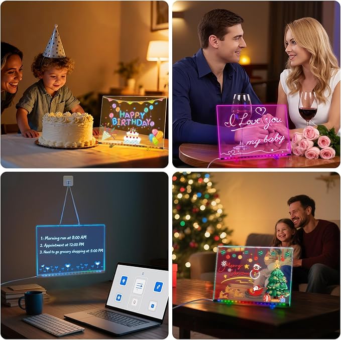 Acrylic Dry Erase Board with Light, 13.7"x10" 15 Colors LED Note Board with Remote & 366 Modes, Dimmable Light Up Message Board Desktop Memo Board, LED Drawing Board for Kids Girls Boys (Remote)