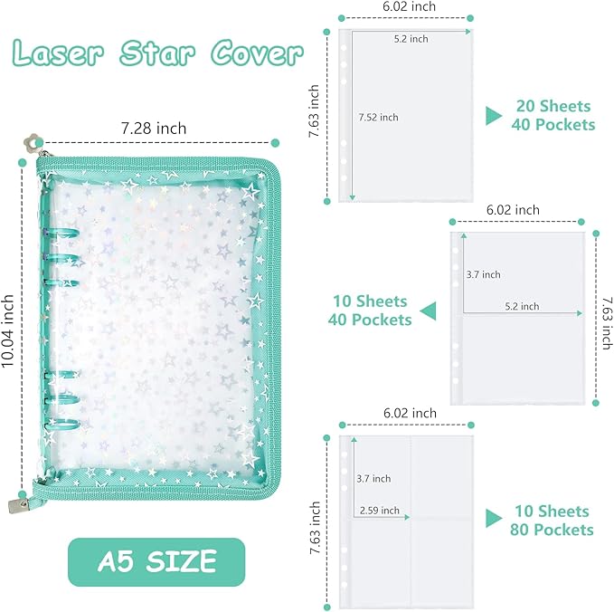 Sticker Storage Organizer Binder A5 Sticker Collecting Book Reusable Zipper Album with Clear Laser Star Cover and Pocket Pages (Cyan)