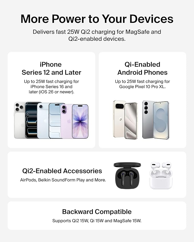 Belkin MagSafe Charger, Magnetic iPhone Charger w/ Qi2 25W, Fast Wireless Charging Pad w/Kickstand for iPhone 17 Series, Samsung Galaxy, Pixel 10, AirPods Pro, Travel - No Power Adapter, Black