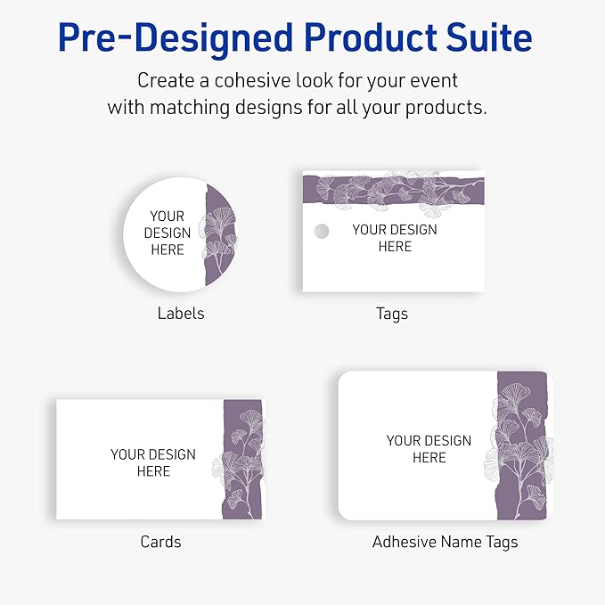 Avery Printable Square Labels with Sure Feed Technology, Pre-Printed Purple and Silver Gingko Leaves Design, Matte White, 2" x 2", Laser & Inkjet Compatible, 120 Total
