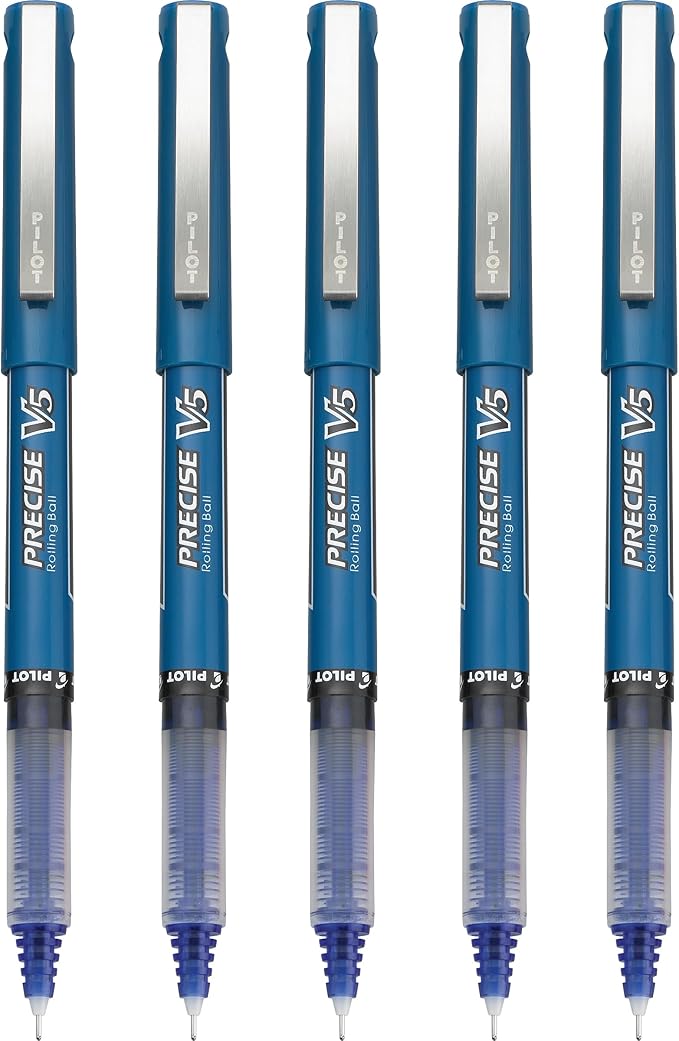 Pilot Precise V5 Rollerball Pens, Extra Fine Point 0.5 mm Blue Pens, Blue, Pack of 5 - Ideal for School, Journaling & Office Writing