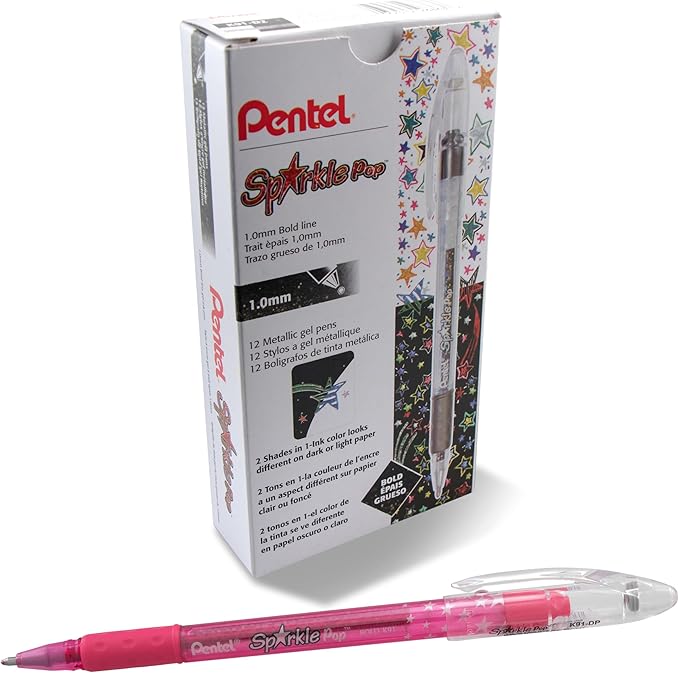 Pentel Sparkle Pop Metallic Gel Pen, (1.0mm) Bold Line, Pink, Box of 12 Pens (K91-DP)