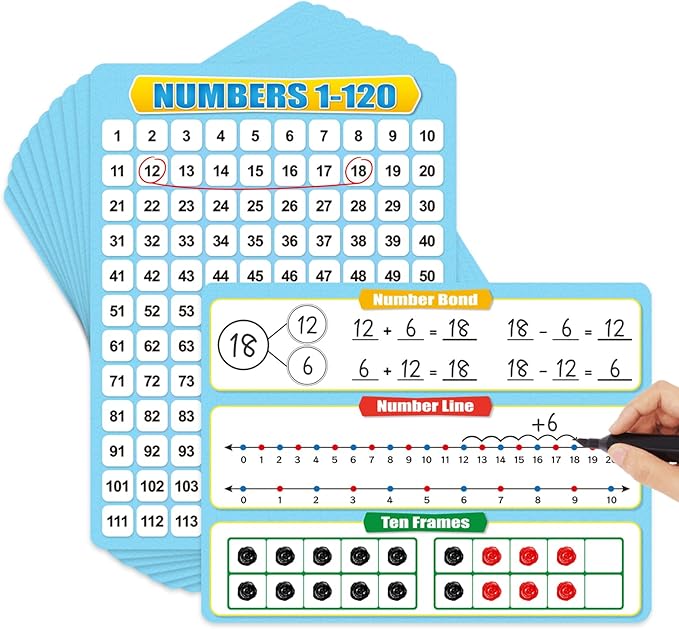 12 Pack Numbers 1-120 Chart Dry Erase Flash Card,12" x 9" Number Line Ten Frame Math Manipulatives Small White Board for Student Teacher Kindergarten 1ST 2ND Classroom Homeschool Supplies