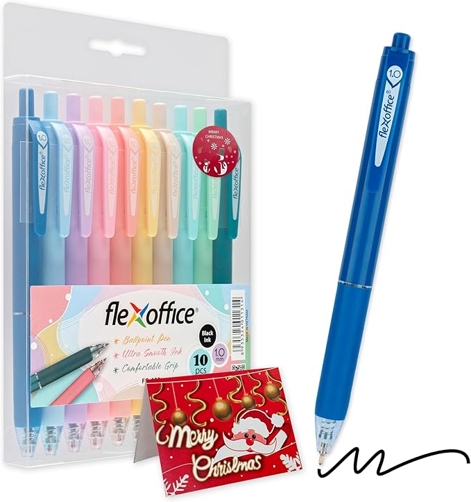 10-Count Black Ink Retractable Ballpoint Pens, Includes Xmas Greeting Card&Sticker, Medium Point 1.0mm, Pastel Color Barrels|Christmas Gifts for Coworkers, Teachers, Friends