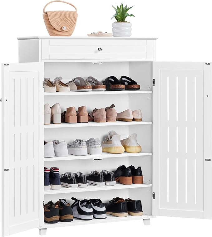 Yaheetech Shoe Cabinet, 5-Tier Shoe Rack Organizer with 1 Drawer, Freestanding Wooden Shoe Storage Cabinet with 2 Louvered Door & Adjustable Shelves for Entryway Hallway, White