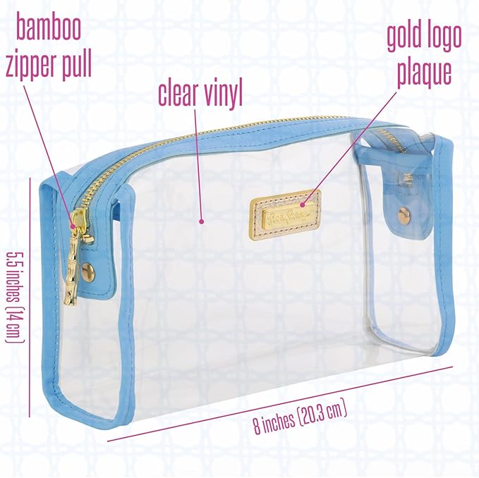 Lilly Pulitzer Clear Zipper Pouch, Cute Pencil Case for Adults, Travel Toiletry Bag, Small Pouch Bag for Supplies, Makeup or Toiletries (Frenchie Blue)