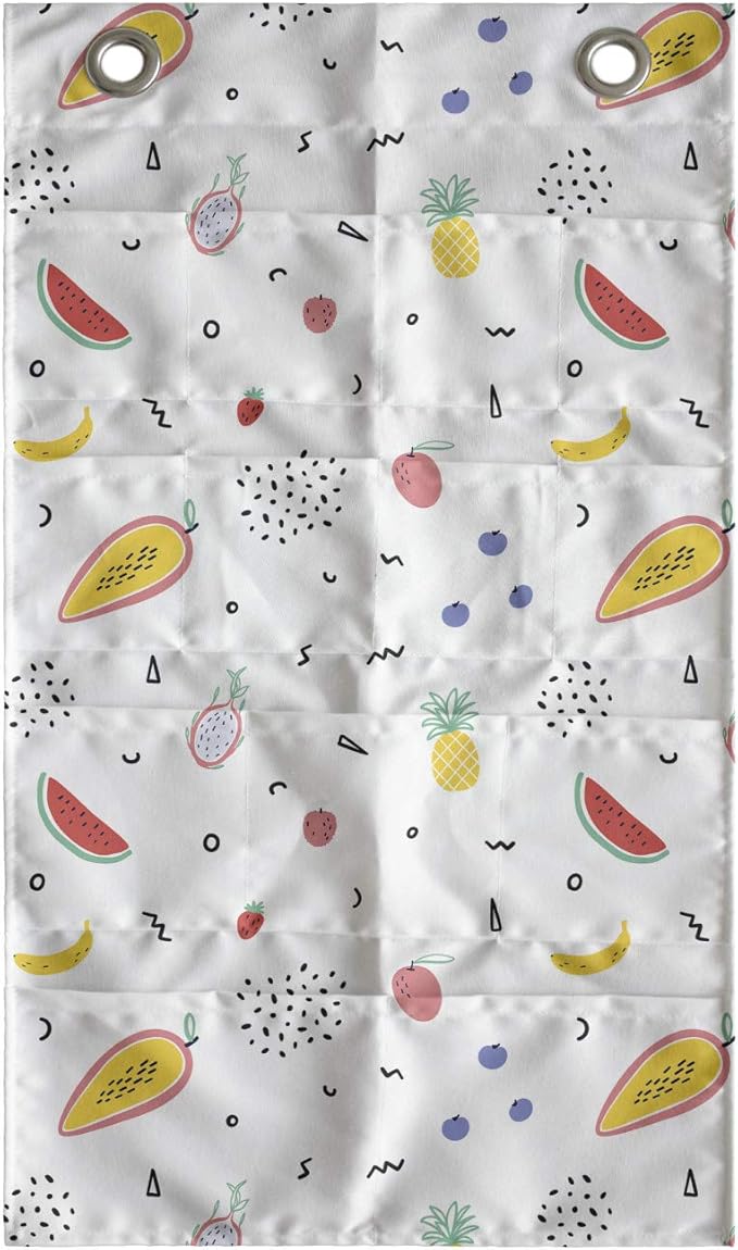 Ambesonne Fruits Hanging Pocket Organizer, Hand Drawn Tropical Items and Dots or Mini Motifs Scattered on a Plain Background, Printed Polyester Storage Bag with Pockets, 21" x 31", Multicolor