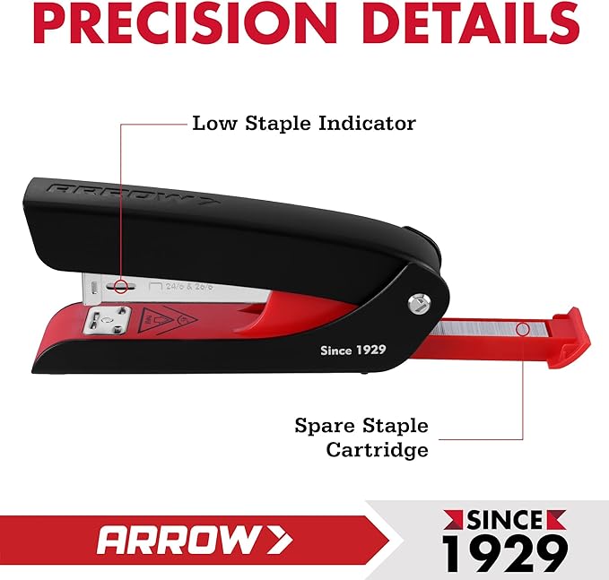 Arrow Office Stapler Set, 25 Sheet Capacity Metal Desk Staplers with 2100 Staples, Half Strip Design and Non-Slip Base, Spare Staple Storage for Classroom, Office and Home, 3 Pack