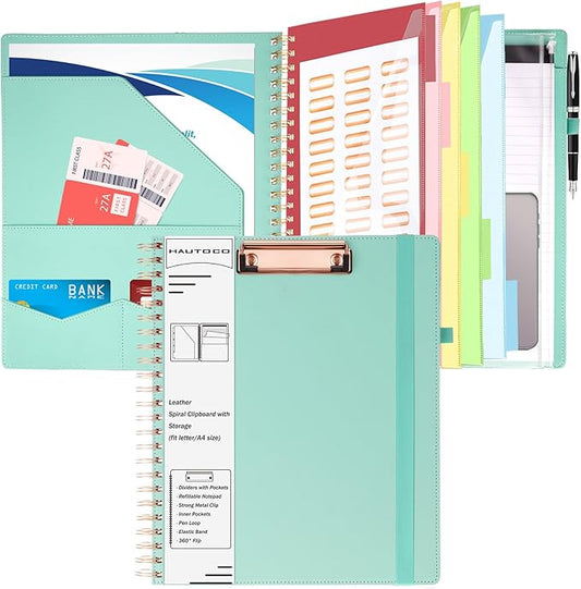 HAUTOCO Spiral Leather Clipboard Folio with Notepad (8.5 x 11''), 5 Folders with 10 Pockets, Storage Zipper Pouch, Pen Loop, 39 Stickers, Padfolio Organizer for Work School, Blue