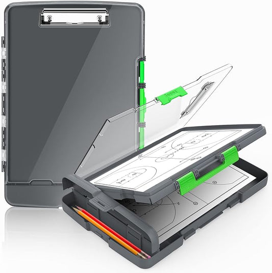 Sooez Original Clipboard with 2 Storage & Pen Holder, Heavy Duty Clip Boards 8.5x11 with Dual Storage, Clearview Dry Erase Coach Clipboard with Real Hinge, High Capacity, School & Office Supplies