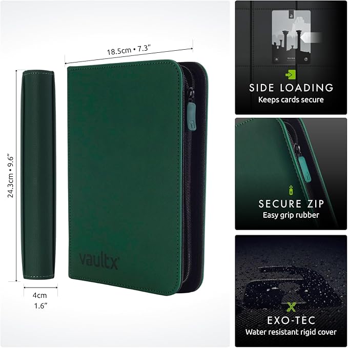 Vault X 4 Pocket Trading Card Zip Binder, 160 cards, Premium Exo-Tec Album Material, 20 Side-Loading Pages, Folder for Collectible Card Games, Sports, TCG (Green)