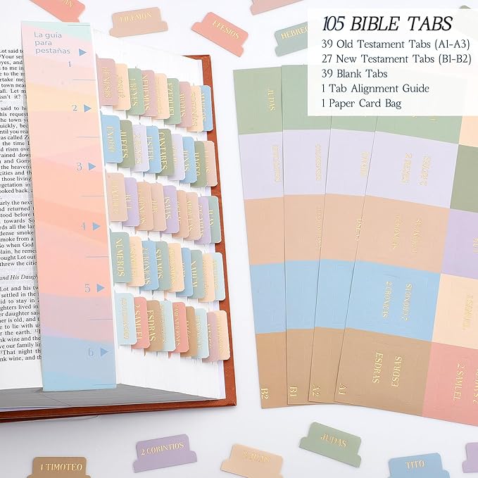 Spanish Bible Tabs, Multicolor 66 Gold Foil Lettering Chapter Labels + 39 Blank Tabs for DIY, Includes Alignment Ruler, Bible Index Stickers in Spanish, Bible Journaling Supplies for Women Study