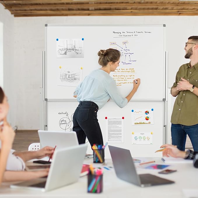 MAKELLO Rolling Whiteboard 60"x48", Large Magnetic Mobile White Board on Wheels, Double-Sided Dry Erase Board for Home Office School, Height Adjustable, 5'x4'