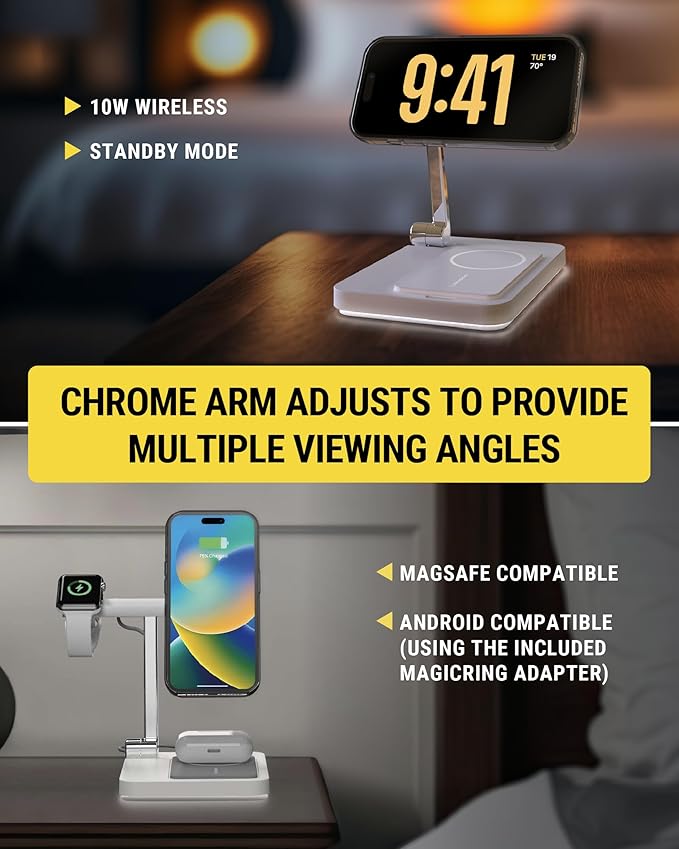 Scosche MSQSPBWT Wireless Charging Station with Removable 5,000mAh Fast USB-C Portable Power Bank for MagSafe iPhone 16/15/14/13/12/AirPods Pro with Apple Watch Charger Stand (Watch Charger Not Incl.)