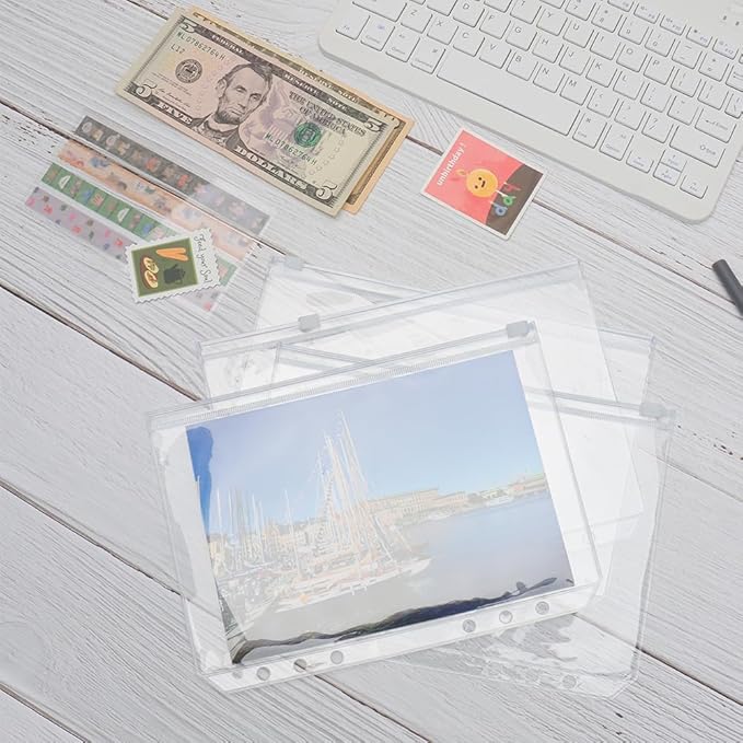 12PCS A5 Clear Zipper Binder Pockets with 6 Holes for Journal & Budget Filing
