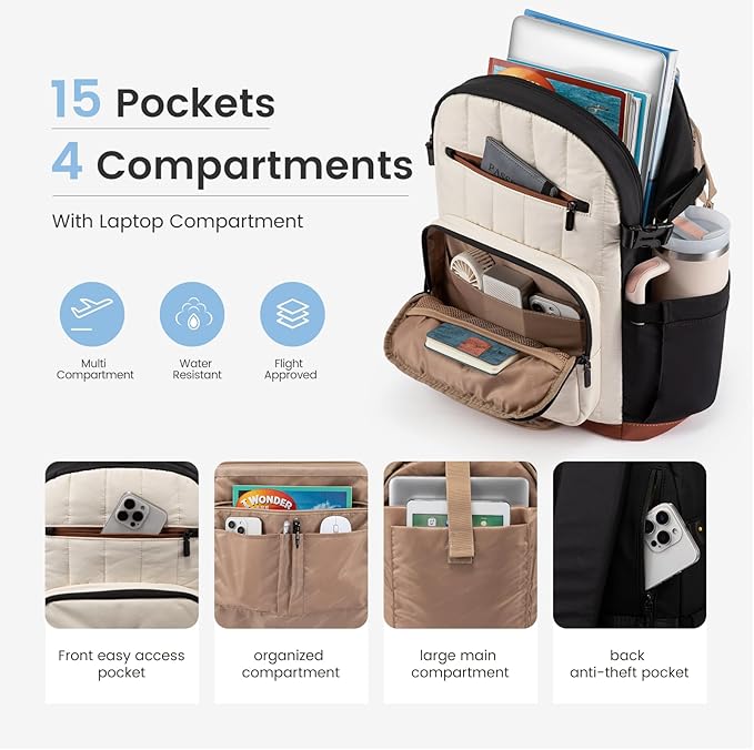 LOVEVOOK Laptop Backpack for Women with Giant Tumbler Holder Pocket,15.6 Inch Puffer Travel College Work Backpack Purse for Teacher Nurse,Casual Laptop Bag Computer Back Pack Daypack,White-Black-Brown
