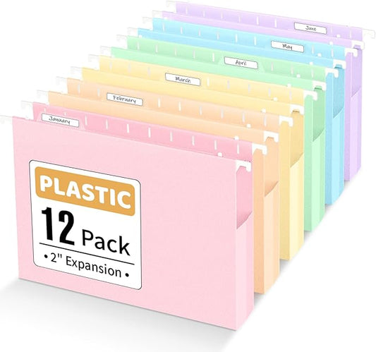 Sooez Extra Capacity Plastic Hanging File Folders, 12 Count Expanding File Folders Letter Size with 2" Expansion, File Organizer with 1/6-Cut Adjustable Tab for File Cabinet, Drawer, Pastels Colors
