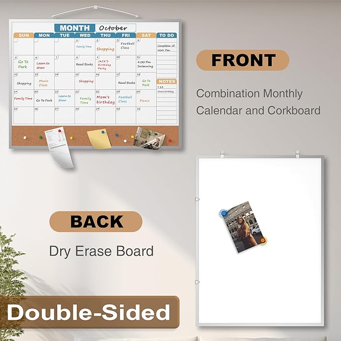 Monthly Calendar Dry Erase Board 24x18 Inch, Double-Sided Whiteboard and Corkboard Combo with Silver Aluminum Frame (Color Calendar), Wall Mounted Planner with Marker, Magnet, Push Pin, Eraser