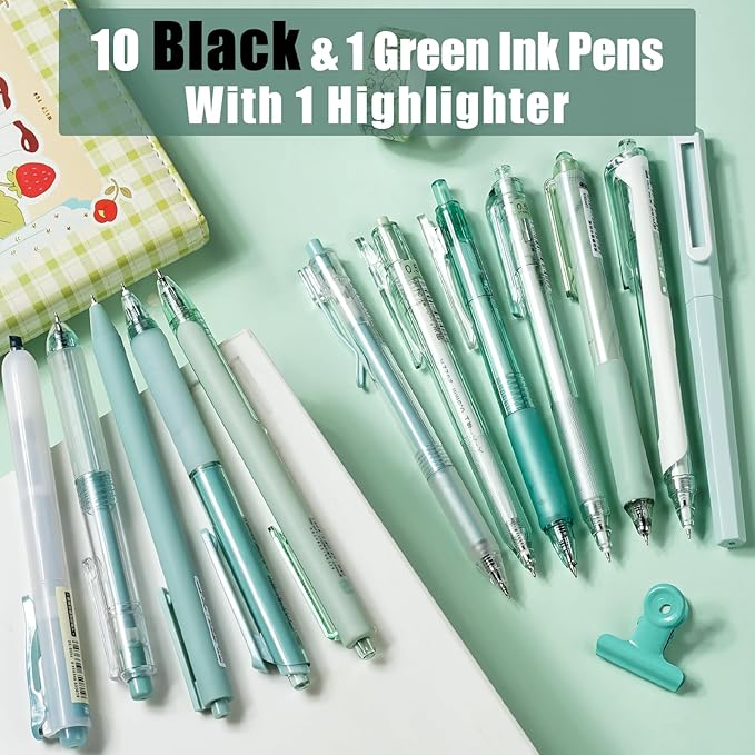 Four Candies Forest Series Gel Pens, Black & Green Ink Fine Point Smooth Writing Pens and Highlighter Set, Teal Office Supplies Back to School Stationery, Set of 12