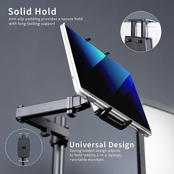 VIVO Universal Tablet Desk Mount, Single Arm Adapter for 2-in-1 Laptops, Holds up to 15.6 inch Portable Monitors Without VESA Holes, Fully Adjustable Stand, Black, STAND-V001UVM