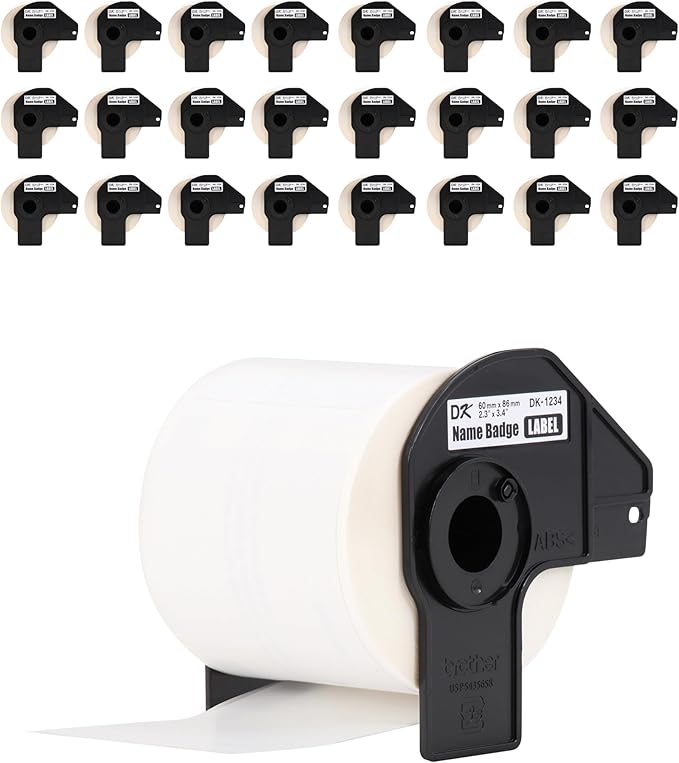 Brother Genuine DK-123424PK Die-Cut Name Badge Paper Labels, 2.3" x 3.4" (60 mm x 86 mm) Adhesive White Paper Labels, 260 Labels per Roll, 24 Rolls per Box
