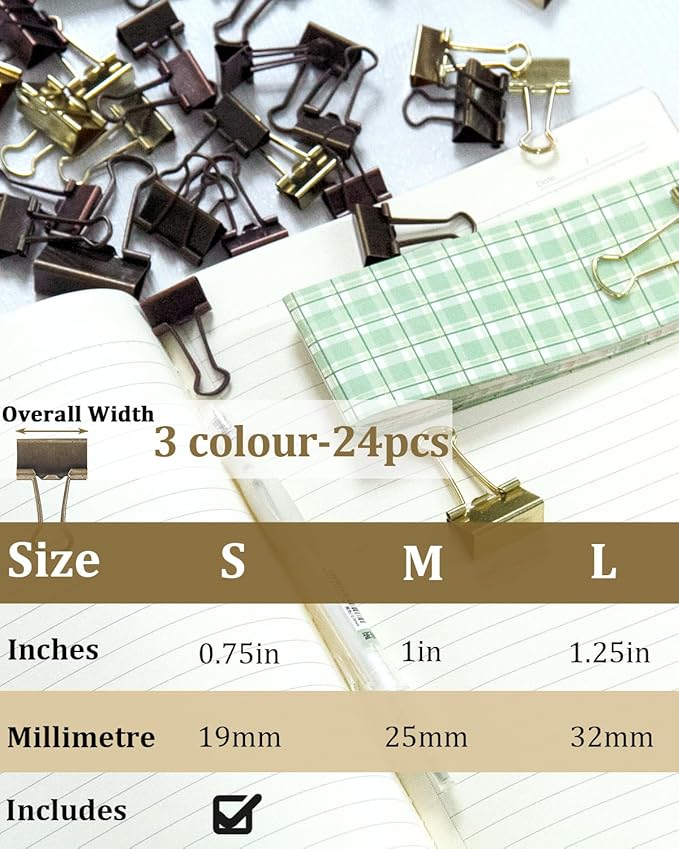 Mini Binder Clips 0.75in 24-Pack - Multicolor Bronze Clips for Notes with Magnetic Case