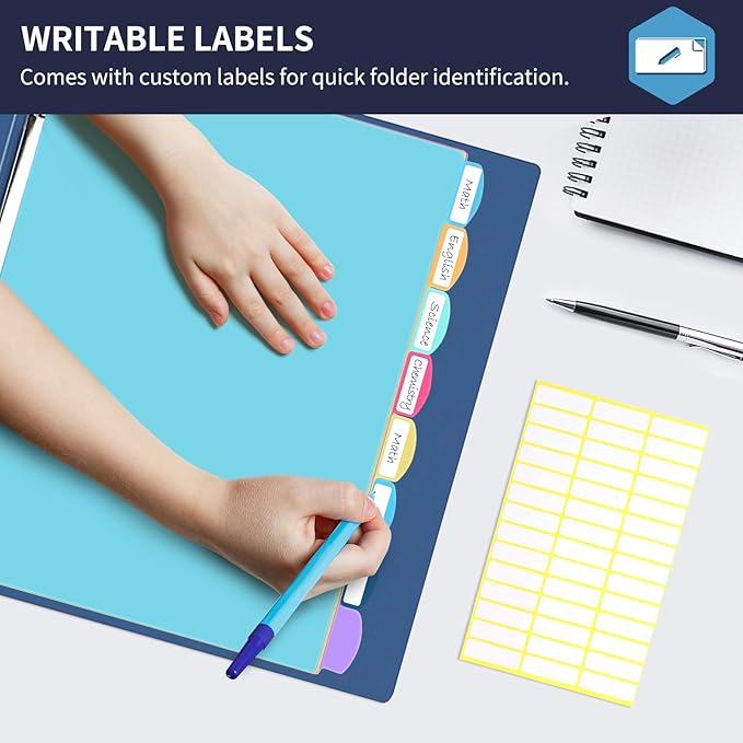 8-Tab Plastic Dividers for 3 Ring Binders, Write & Erase, Folder Dividers with Tabs for 8.5 x 11'' Letter Size Papers, Assorted Color, 2 Set
