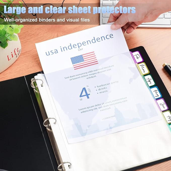 HABGP 24Pcs/3 Set Clear Sheet Protectors for 3 Ring Binder Letter Size, 8 Tab Plastic Dividers With Pockets and Tabs, Page Protectors 8.5x11