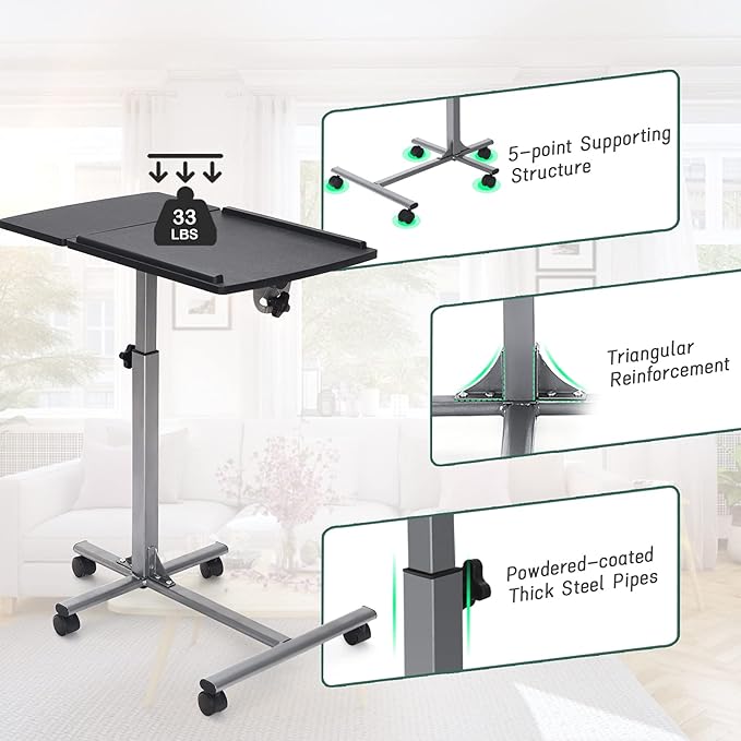 COSTWAY Rolling Laptop Stand, Mobile Laptop Tray and Cart with 45 ° Degree Swivel Tilting Tabletop, Height Adjustable Mobile Podium from 24.5'' to 36'', Overbed Computer Table for Sofa, Bed