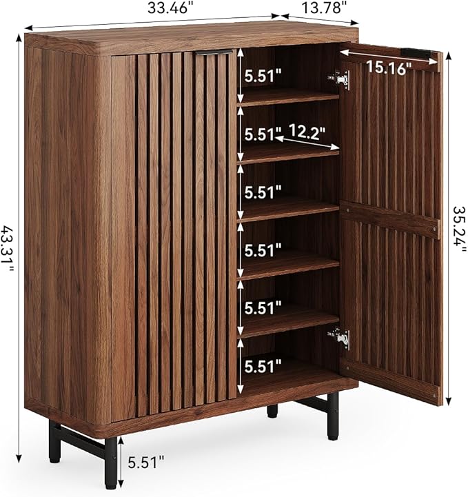 LITTLE TREE 6-Tier Shoe Cabinet with Doors for Up to 24 Pairs, Large Wooden Shoes Cabinet with Adjustable Shelves, Retro Freestanding Shoe Organizer for Entryway, Hallway, Brown