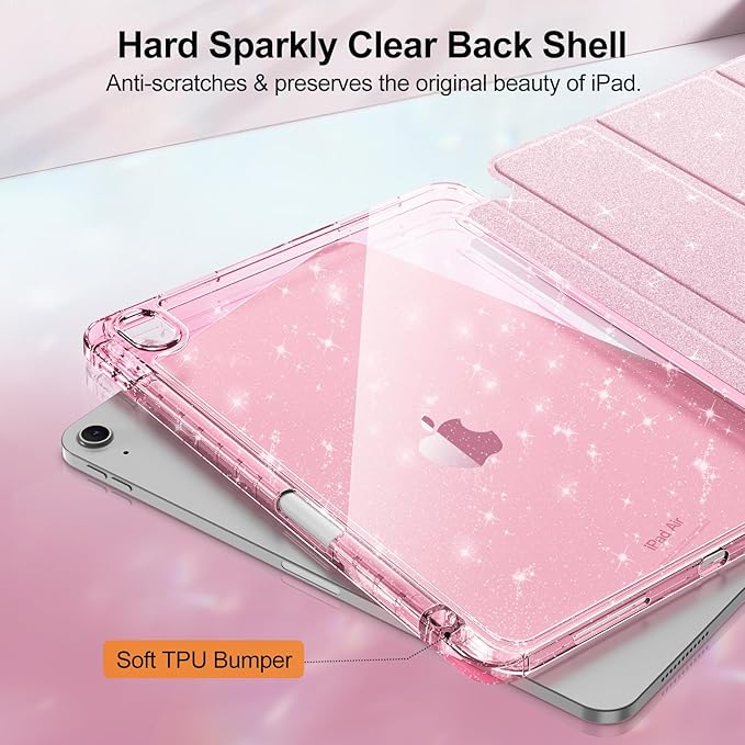 Fintie Slim Case with Pencil Holder for iPad Air 11-inch M4/M3/M2 (2026/2025/2024), iPad Air 5th (2022) / 4th Generation 10.9 Inch - Glittering Sparkly Cover with Shiny Clear Back Shell, Light Pink