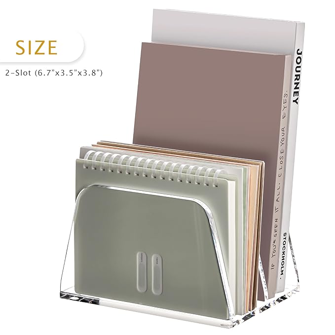 SANRUI Acrylic Mail Organizer, 2-Slot Clear Paper Letter Sorter Mini Desk Organizer, Sleek Office Desk File Holder for Mail, Bills, Notebooks 6.7"x3.5"x3.8"