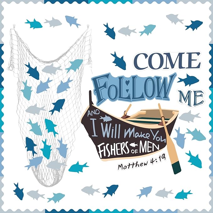 76 Pcs Fishers of Men Bulletin Board Decorations Set Religious Classroom Bulletin Board Fish Cutouts Christian Jesus Chalkboard Decorations for Sunday School Wall Decor Supplies