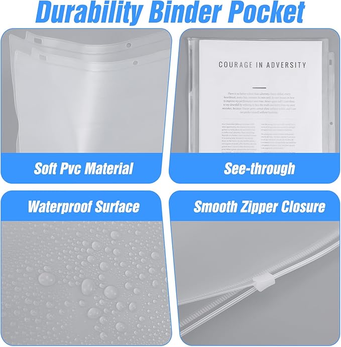 50 Pcs 3-Hole Binder Zipper Pockets, 11.6 x 10 Inches, PVC Waterproof Loose Leaf Document Organizer for Office Business Supplies, Clear, A4