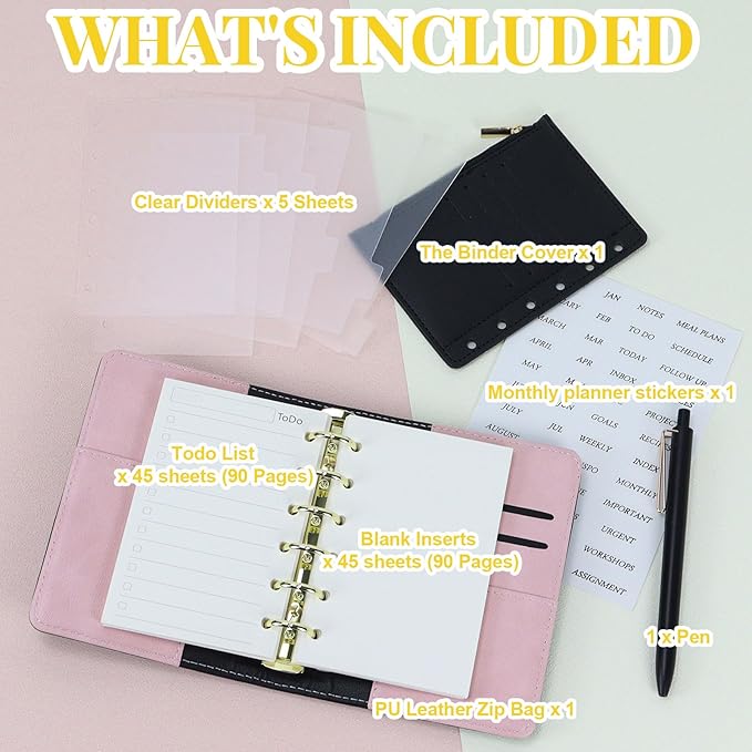 Koqye A7 Refillable Planner Small Binder Notebook 6 Ring, Portable PU Leather Organizer with Zippered Pocket, To-Do & Blank Refill Papers, Dividers, Monthly Sticker, Pen, for Students, Professionals, Travel (Black & Pink)
