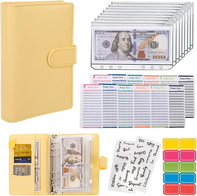 NICOOTHBudget Binder Cash Envelopes A6 Money Saving Binder with Zipper envelopes (Yellow)