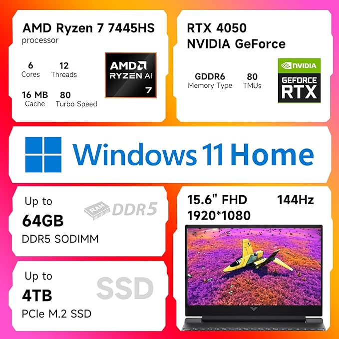 HP Victus RTX 4050 AI Gaming Laptop with Copilot, 15.6 FHD 144Hz, AMD Ryzen 7 7445HS(Beats Intel i7-13700), NVIDIA RTX 4050, 64GB DDR5 RAM, 1TB SSD, Backlit KB, Bundle with PCO Laptop Cooler