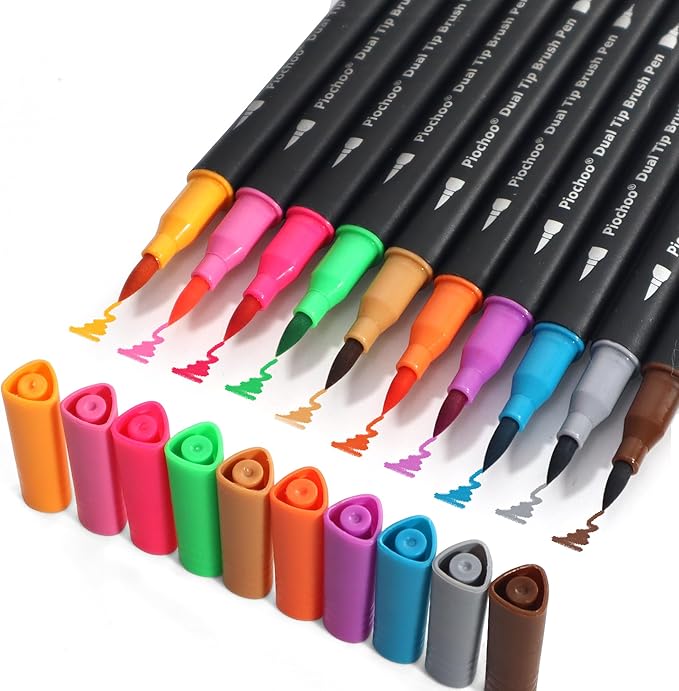 Coloring Markers Pens, 34 Dual Tip Brush Pens, Fine Point Marker set for Adult Coloring Book, Bullet Journaling, Drawing