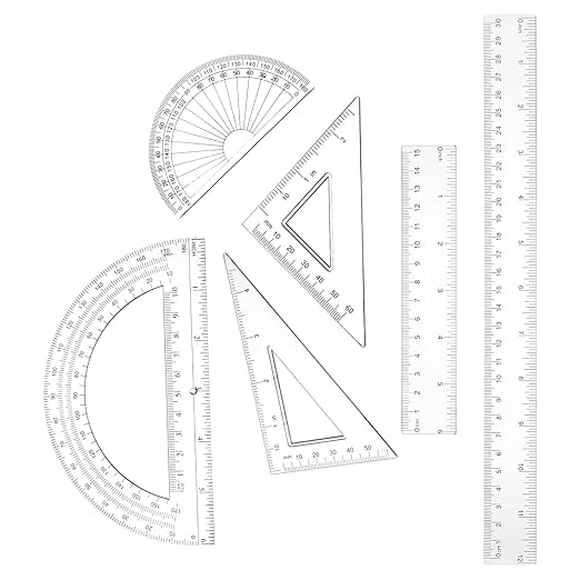 6PCS Small Clear Ruler 1 Set Plastic Geometry Set Includes 12 Inch 6 Inch Student Transparent Straight Rulers, 6" 4" Math Protractor, 30/60 and 45/90 Triangle Kids Ruler for School Office Supplies